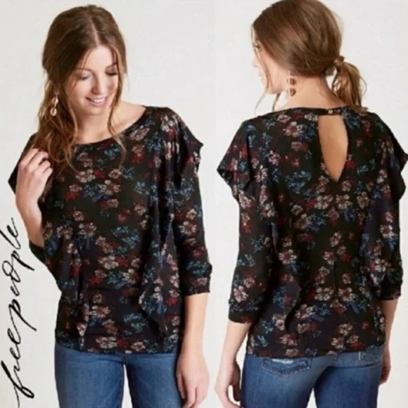 Free People Tops - Free People Dock Street Black and Red Floral Top Shirt fall florals ruffles